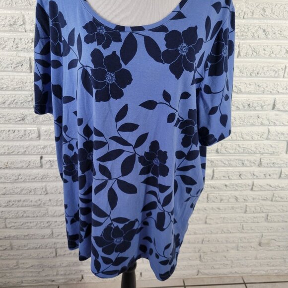 Catherines Womens Top 2X Plus 22W 24W Tee Tunic Blue Floral Cotton Blend FLO50E - Picture 4 of 9